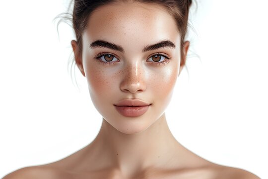 portfolio shot of 25 years old female model with perfect skin, brown sleek hair bun, symmetrical, brown eyes, no makeup, relaxed face, open forehead, isolated on the white background. generative AI