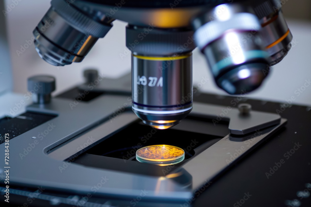 Poster close-up of a microscope with a slide. the slide is stained, and there are cells visible under the l