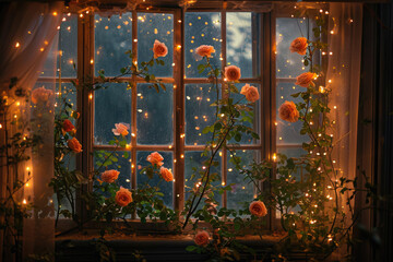 bedroom with a window seat surrounded by twinkling lights and roses