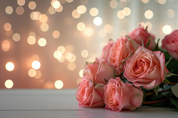 close-up of a bouquet of roses on a dresser with twinkling lights in the background