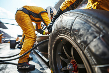 close-up of a professional pit crew changing the tires on a race car during a pitstop