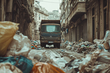 close-up shot of a garbage truck navigating through a narrow alley, with trash bags piled high