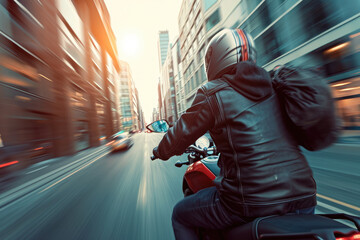 close-up shot of a motorcycle courier speeding through traffic, with a delivery bag slung over their shoulder