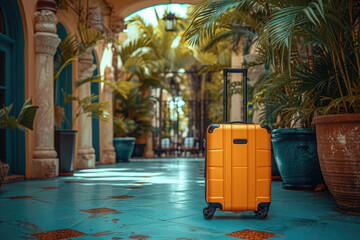 suitcase on the floor in a luxurious hotel lobby with palm trees.