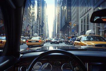 close-up shot of a limousine driver navigating through a crowded street, with passengers in the...