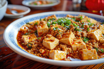 close-up shot of a plate of mapo tofu, with soft tofu cubes, ground pork