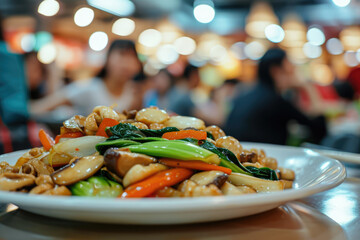 close-up shot of a plate of stir-fried vegetables, with bok choy, mushrooms, and carrots - obrazy, fototapety, plakaty