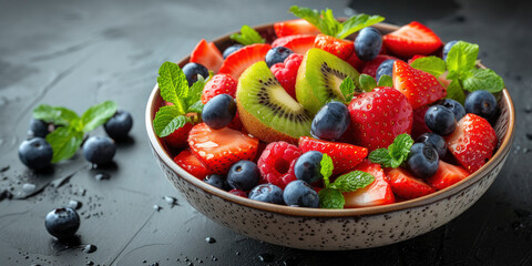 Fresh fruit salad with strawberries, blueberries and kiwi in a bowl. - obrazy, fototapety, plakaty