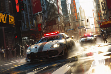 Obraz premium close-up shot of a police car chasing a suspect through a crowded street.