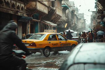 close-up shot of a taxi driver navigating through a maze of narrow streets.