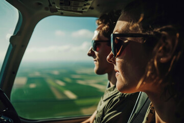 couple on a plane flying over the countryside, wearing sunglasses and looking out the window