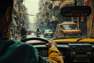 close-up shot of a taxi driver navigating through a maze of narrow streets