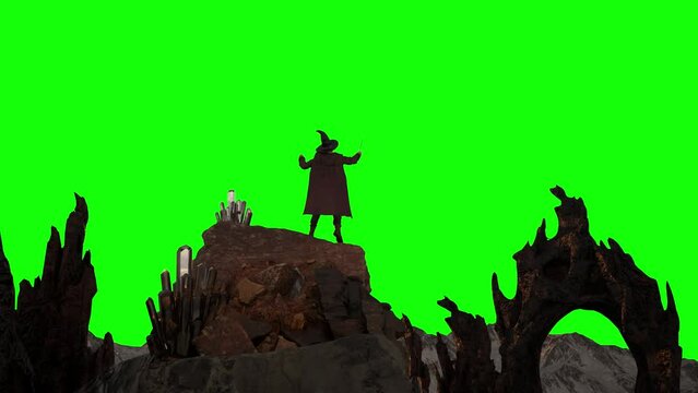 A mage wizard stands on a magic mountain top on green background loop render 3d  