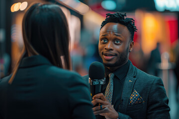 journalist interviewing a celebrity on a TV show with a microphone and a curious look on their face. - obrazy, fototapety, plakaty