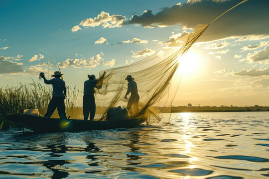 group of fishermen are on a small boat, using a hand-held net to catch fish