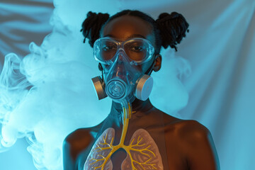 model wearing a oxygen mask and a lung overlay on their chest.