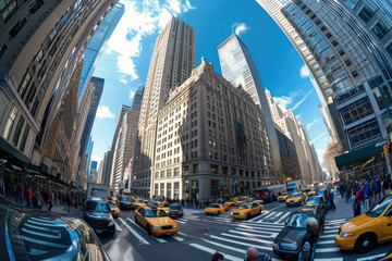 Fototapeta premium panoramic shot of a busy financial district, with cars and pedestrians moving in all directions