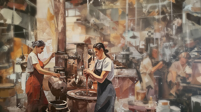 Vintage fantasy illustration two women working at distillery near metal containers and pouring alcoholic liquid