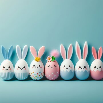 Easter funny decorated eggs stand in a row on blue background. Minimal Happy Easter concept card, panoramic banner created with generative ai