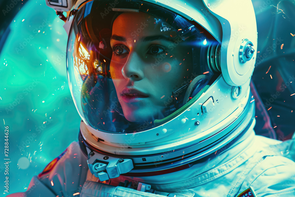Fototapete astronaut exploring space in a spaceship with a helmet and a adventurous look on their face.
