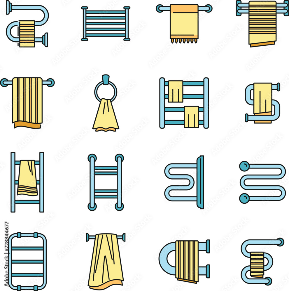 Poster home heated towel rail icons set. outline set of home heated towel rail vector icons thin line color