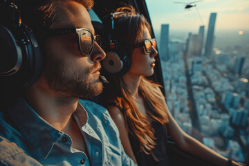 young couple flying on a plane on vacation in the sun wearing sunglasses