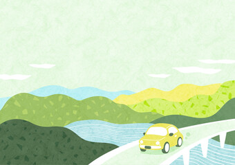 新緑の自然を車でドライブする風景 和風でシンプルな背景イラスト