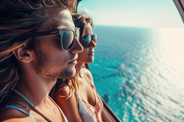 young couple on a plane flying over the ocean, wearing sunglasses and looking out the window