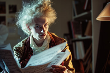 actor rehearsing a scene in a studio with a script and a expressive look on their face and a costume with a wig on their head