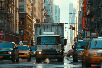 close-up shot of a delivery truck stuck in traffic, with the driver looking frustrated. The buildings in the background are tall and imposing - obrazy, fototapety, plakaty