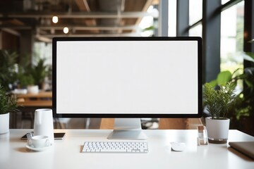 A Mockup of a blank computer screen sitting on a table, with office stationaries beside it, in a modern corporate office.