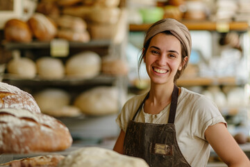 female baker on bread background