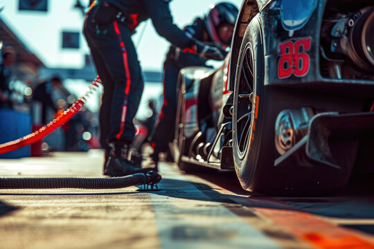 close-up of a professional pit crew adjusting the suspension of a race car during a pitstop. The crew members are using wrenches, and there are other cars and spectators in the background