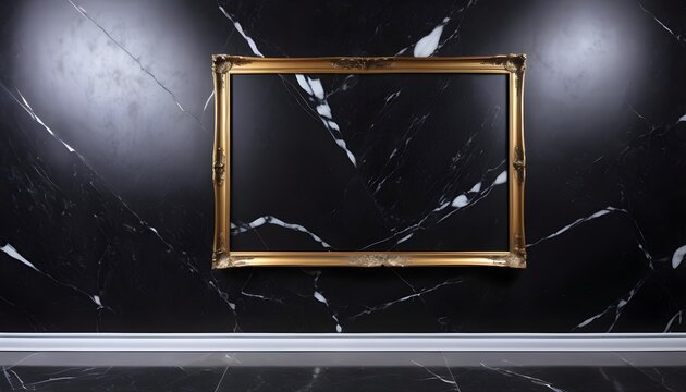 Empty gold frame on black marble wall, two spotlights at the sides