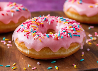 Pink Donuts with Sprinkles on Wooden Surface