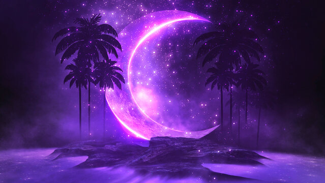 Night fantasy landscape, big moon, silhouettes of palm trees, purple smoke, neon, stars.
