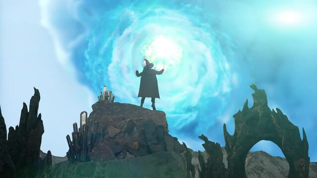 A mage wizard stands on a magic mountain top and the elements around them into fantastic shapes and forms loop render 3d  