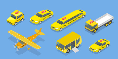 3D Isometric Flat Vector Illustration of Taxi Collection, Different Vehicle Types © TarikVision