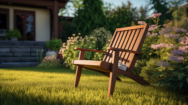 A wooden garden chair in blooming stands on a bright green neat lawn in the garden