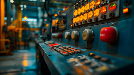 Panel de control de maquinaria de una fábrica  - obrazy, fototapety, plakaty