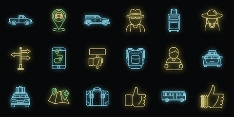 Hitchhiking automobile icons set. Outline set of hitchhiking automobile vector icons neon color on black