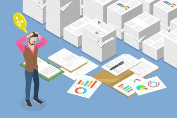 Naklejka premium 3D Isometric Flat Vector Illustration of Paper Work, Confusion and Mess