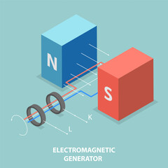 3D Isometric Flat Vector Illustration of Electromagnetic Generator, Simple Electric Motor