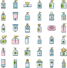 Medical antiseptic icons set. Outline set of medical antiseptic vector icons thin line color flat on white