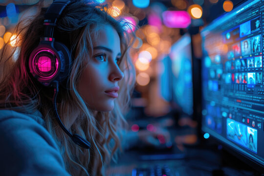 Woman in headphones working on a computer with monitors in the glow of neon lights.