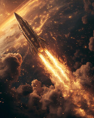 a rocket is flying above the clouds in space, in the style of apocalypse art