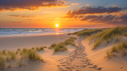 Beautiful sunrise over the sea with sand dunes on the foreground, beach, nature, sand, sky, sunrise, sea, blue, clouds, ocean, morning, coast, landscape, coastline, dawn, shore, waves, color, colorful