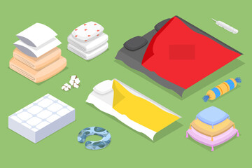 3D Isometric Flat Vector Set of Bedroom Items, Home Textile
