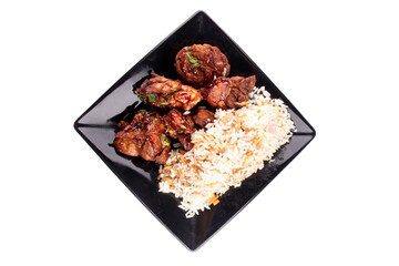 chinese oriental food dish with rice and teriaky fried chicken isolated on white background top view