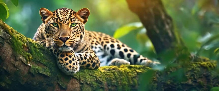 A relaxed leopard lounges on a tree branch in a lush green forest. This striking image captures the majestic feline in its natural habitat, exuding a sense of calm and power